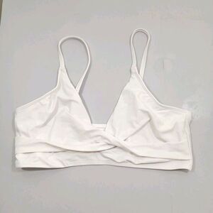Womens White V Neck Triangle Twisted Front Swimsuit Bikini Top Sz S/M 28" Bust
